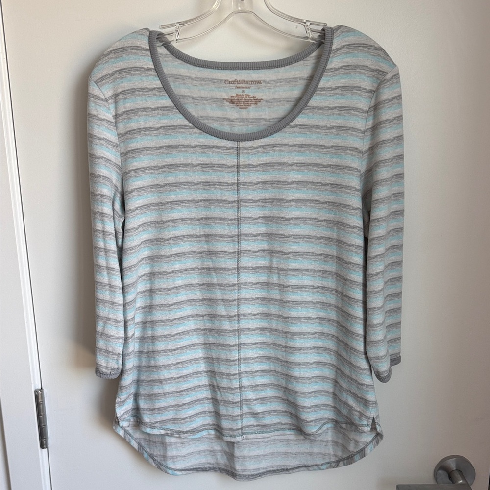 croft & barrow Gray and Aqua Striped Scoop Neck Long Sleeve Top